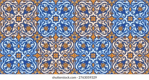 Vector decorative pattern blue and white design with frame or border. Baroque Vector mosaic. Traced watercolo. Capri Majolica