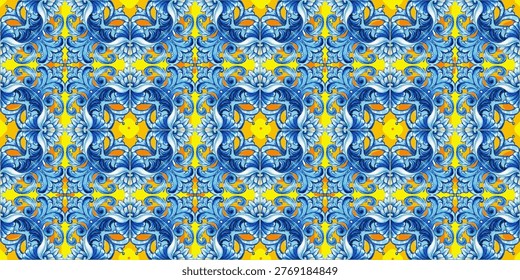 Vector decorative pattern blue yellowish and white design with frame or border. Baroque Vector mosaic. Traced watercolo. Capri Majolica