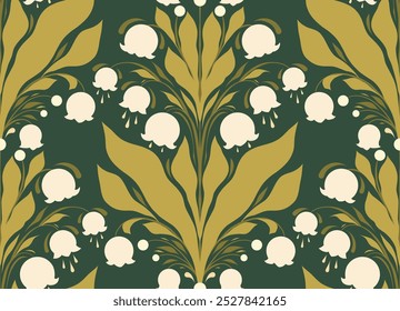 Padrão decorativo vetorial com buquês de lírios do vale. Textura com arranjo simétrico floral sobre um fundo verde escuro. Design de superfície com flores de primavera para papel de parede e tecido