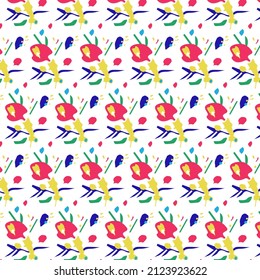 Vector decorative pattern with bright colorful stylized flowers and abstract modern trendy elements. Hand drawn style.
