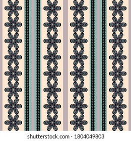 Vector Decorative pattern for design of fabric, scarves, wallpaper, wrapping paper. Vertical stripes, black stitching, stylized flowers, ethnic pattern.