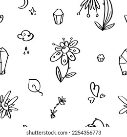 Patrón decorativo vectorial con flores, corazones, cristales. Boho. Esquema. Líneas negras en blanco.