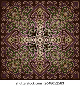 Padrão decorativo vetorial inspirado em tapetes de feltro de serrmacos nômades, com gradientes suaves e linhas beges luminosas para uso têxtil e impresso