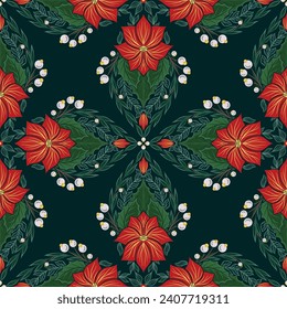 Vector decorative pattern with kaleidoscope poinsettia. Seamless festive tracery texture with Christmas flowers with foliage, berries for wrapping paper, textile. Geometric holiday wallpaper