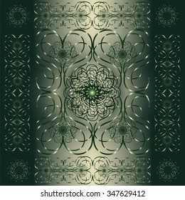 Vector decorative  pattern on shiny green background  with ornamental frame