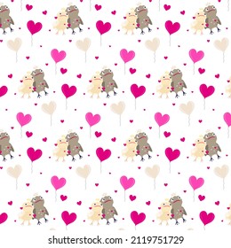 Vector decorative pattern on the theme of love and  Valentine's day. Illustration of cutie cartoon birds falling in love, pink hearts, and balloons.