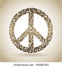 Vector decorative peace symbol logo. Vintage abstract Ornamental illustration isolated on pattern background