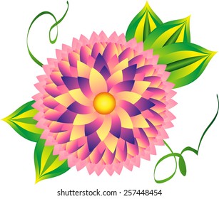 Vector decorative pink flower with green leaves