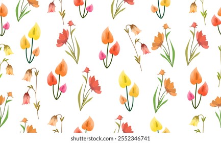 vector decorative plants seamless pattern, wallpaper plants style. Hibiscus sabdrariffah, Elegans Zinnia, Tulipa sp