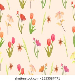 vector decorative plants seamless pattern, wallpaper plants style. Hibiscus sabdrariffah, Elegans Zinnia, Tulipa sp