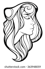 Vector decorative portrait of shaman girl with  long hair isolated on white background. 