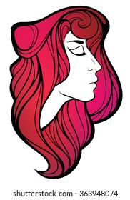 Vector decorative portrait of shaman girl with color long hair isolated on white background. 