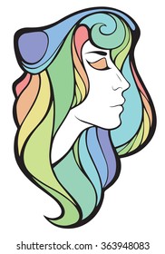 Vector decorative portrait of shaman girl with color long hair isolated on white background. 