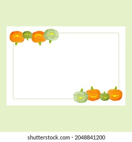Vector decorative rectangular frame template. Cartoon style pumpkins are arranged diagonally.