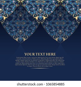 Vector decorative retro greeting card or invitation design. Exquisite rich and solemn Arabic pattern, stylish, elegant and modern interpretation of Islamic motifs.