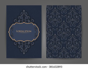  Tarjeta de felicitación retro decorativa vectorial o diseño de invitación. Exquisito y solemne patrón árabe, elegante, elegante y moderna interpretación de los motivos islámicos.