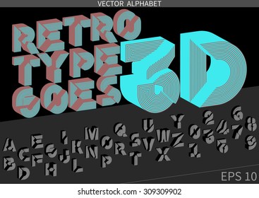 Vector decorative retro striped font with 3D effect. Alphabet includes all latin letters and numbers