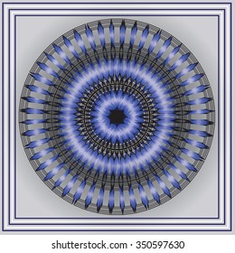 Vector decorative round blue pattern on grey background in square.  Stylized blue fire