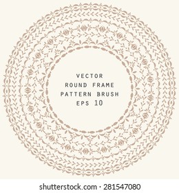 Vector decorative round frame background with space for text. Set of vector decorative elements and Illustrator pattern brushes. Stripe ornamental borders in beige color.