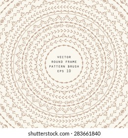 Vector decorative round frame background in beige color with space for text in the center. Set of vector decorative elements and Illustrator pattern brushes. Stripe ornamental borders.