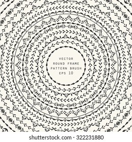 Vector decorative round frame background with space for text. Set of vector decorative elements and Illustrator pattern brushes. Stripe ornamental borders.