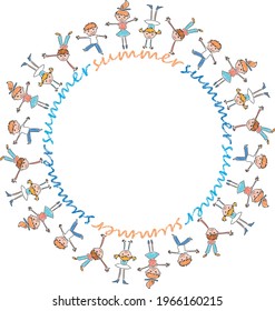 Vector decorative round frame from drawn cheerful playful children