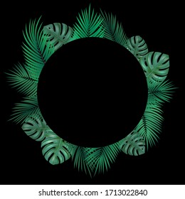 Vector decorative round frame with realistic monstera and palm leaves on black background