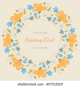 Vector decorative round invitation card with colorful elegant tender flowers