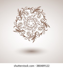 Vector decorative round ornament with hand drawn floral elements. In beige colors.