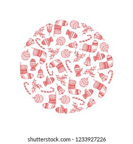 Vector decorative round from red Christmas symbols on white background - candy cane, tree ball, mitten, sock, holly, christmas bell. Christmas decorative circle