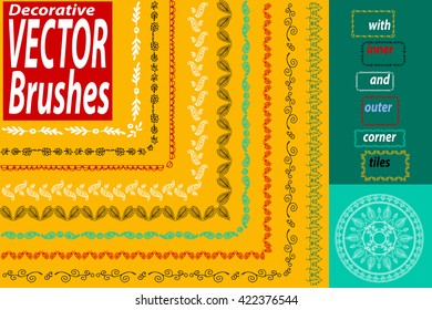 Vector Decorative Scribble Paintbrushes with Inner and Outer Corners. Hand Drawn Ink Brushes. Seamless Whimsical Borders for Patterned Frames. Dividers, borders, ornaments. Ink illustration.