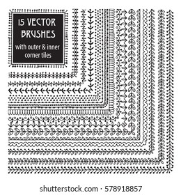 Vector Decorative Scribble Paintbrushes with Inner and Outer Corners. Hand Drawn Ink Brushes. Seamless Whimsical Borders for Patterned Frames.