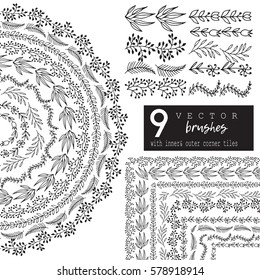 Vector Decorative Scribble Paintbrushes with Inner and Outer Corners. Hand Drawn Ink Brushes. Seamless Whimsical Borders for Patterned Frames.