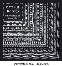 Vector Decorative Scribble Paintbrushes with Inner and Outer Corners. Hand Drawn Ink Brushes. Seamless Whimsical Borders for Patterned Frames.