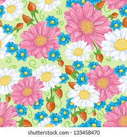 Vector decorative seamless background with a composition of white and pink flowers