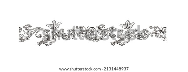 Vector decorative seamless border in Baroque\
Victorian vintage retro style, engraved endless scroll monogram\
divider with flowers and\
swirls