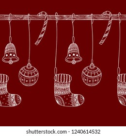 Vector decorative seamless border of Christmas symbols on seamless wooden stick - candy cane, tree ball toy, sock, christmas bell. Christmas greeting card of white Christmas symbols on red background