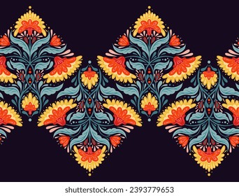 Vector decorative seamless border with floral composition in contrast colors. Colorful horizontal folk art frieze with tracery flowers and stems with foliage on blue background for brush swatch