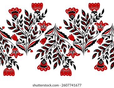 Vector decorative seamless border with floral composition. Horizontal frieze with bouquet of red and black flowers in folk art style isolated from background. Texture with Slavic blooming wildflowers 