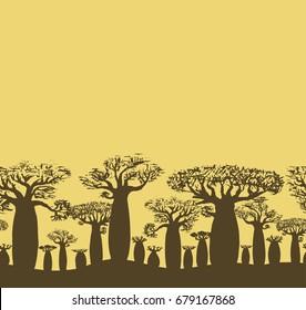 Vector decorative seamless border of sketch hand drawing baobab tree