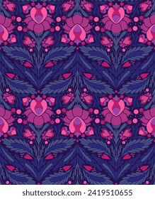 Patrón floral sin fisuras vectorial para el día de San Valentín. Diseño de superficie de arte folclórico festivo con flores rosadas simples, corazones y follaje sobre fondo violeta para papel pintado y papel envolvente