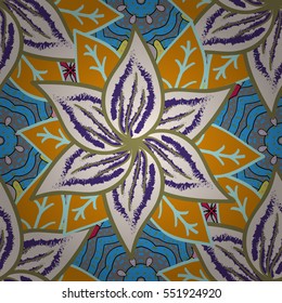 Vector decorative seamless hand-drawn pattern with flower. Bright ethnic floral design in warm nature shades. Radial gradient shape.