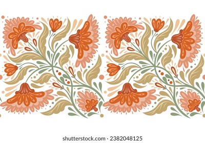 Vector decorative seamless horizontal border with flower arrangement in pastel colors. Folk art frieze with symmetrical orange flowers and stems with foliage isolated from background 
