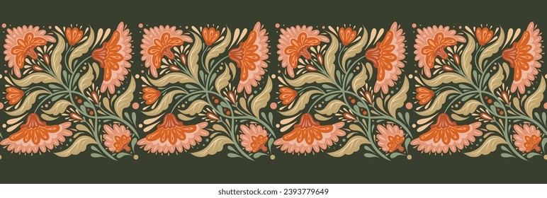 Vector decorative seamless horizontal border with floral composition in pastel colors. Folk art frieze with symmetrical orange flowers and stems with foliage on dark background