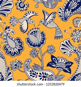 Vector decorative seamless pattern with birds, paisley and flowers. Indian cute background. Yellow and blue flowers pattern. Design for wallpaper, textile, fabric, cover, postcard, invitation