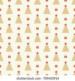 Vector decorative seamless pattern for design, printing, textiles, paper and other materials. New Year background with firs and gifts in a palette of red and light brown