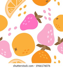 Vector decorative seamless pattern of different fruits. Strawberries and oranges background. Textile pattern. Food background.