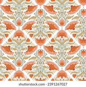 Vector decorative seamless pattern with floral rhombus composition in row. Folk art texture with symmetrical orange flowers, stems with foliage in pastel colors on white background for wrapping paper