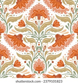 Vector decorative seamless pattern with flower arrangement in pastel colors. Folk art texture with symmetrical orange flowers and stems with foliage on white background for wrapping paper.