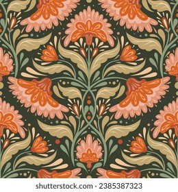 Vector decorative seamless pattern with geometric flowers in pastel colors. Folk art texture with symmetrical floral ornaments with foliage on dark green background for wrapping paper.